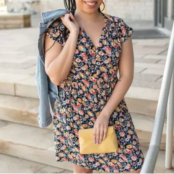 LOFT Floral Side-Tie Henley Mini Dress, MP, Navy and Red/Orange/Yellow - Picture 14 of 16